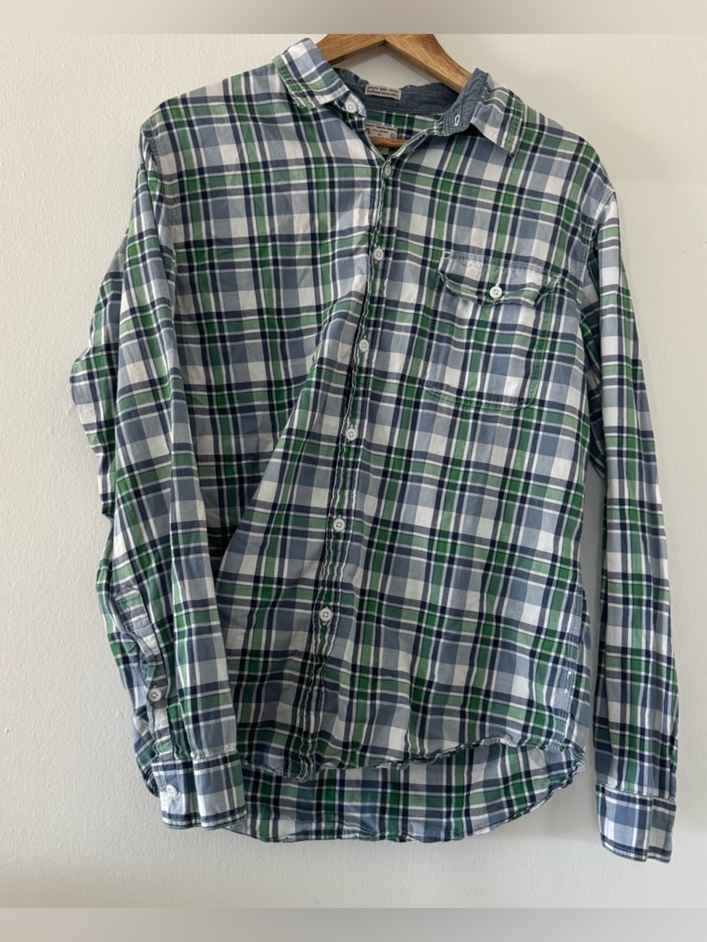 J. Crew Men's Green & Blue Plaid Button-Down Shirt Pocket Casual Large Cotton
